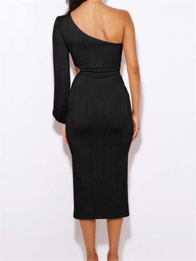Off Shoulder Long Sleeve Ruched Color Hollow Out Backless Midi Dress