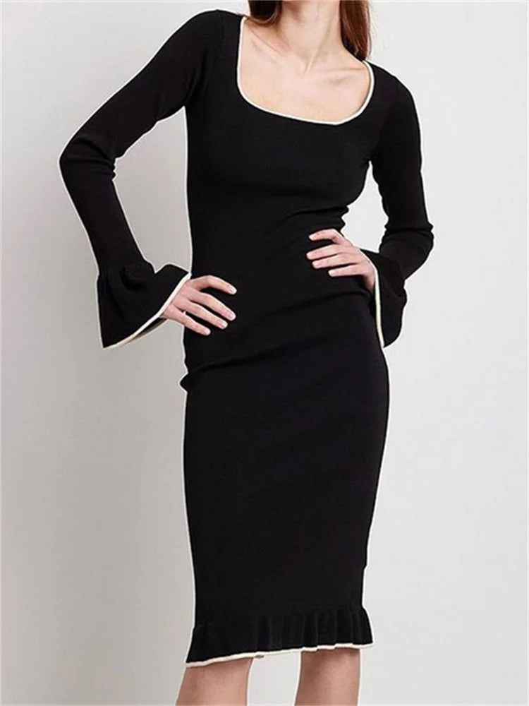 Patchwork Square Neck Long Flare Sleeve Ruffles Backless Midi Dress