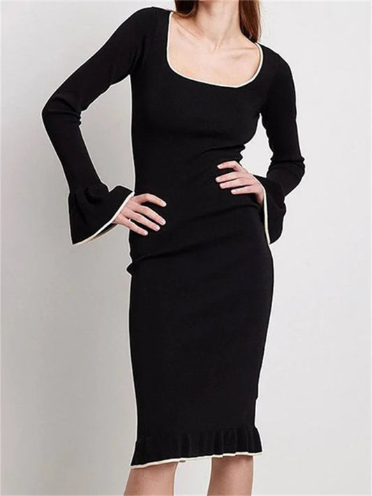 Patchwork Square Neck Long Flare Sleeve Ruffles Backless Midi Dress