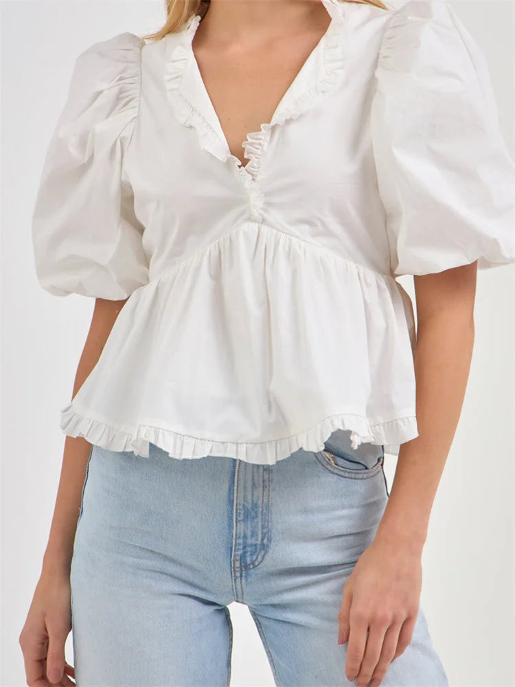 Puff Sleeve Ruffle Trim V-neck Blouse