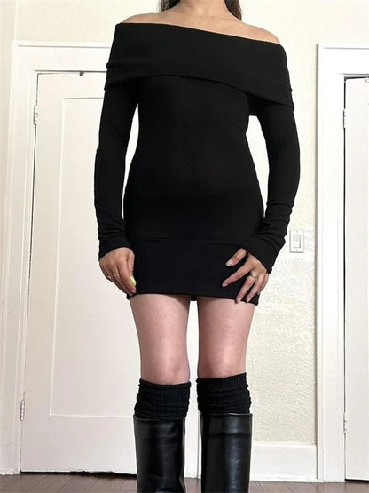 Slash Neck Black Party Mini Dresses