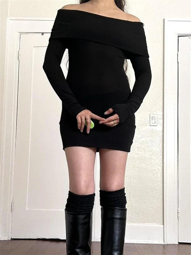 Slash Neck Black Party Mini Dresses