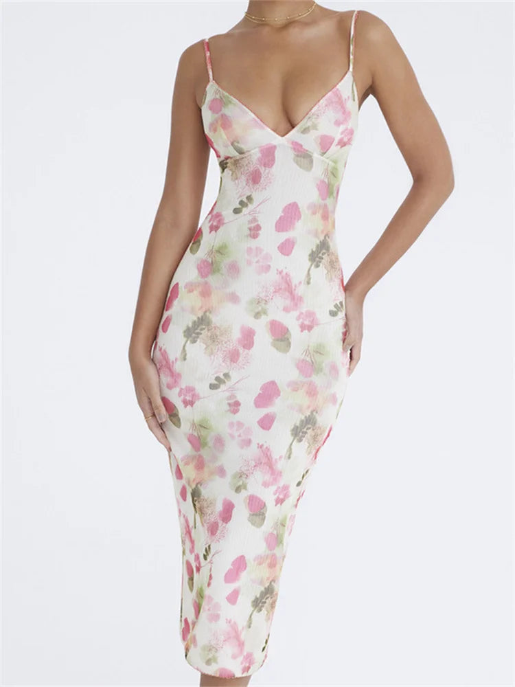 Sleeveless Strap Sling V-neck Print Slim Cocktail Party Midi Dress