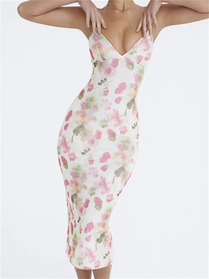 Sleeveless Strap Sling V-neck Print Slim Cocktail Party Midi Dress
