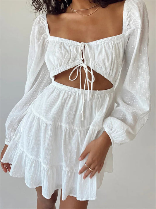 Spring Autumn Lace-up Long Sleeve Mini Dresses