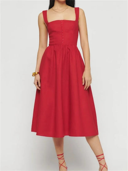 Square Neck Button-up Sling High Waist A-line Summer Midi Dress