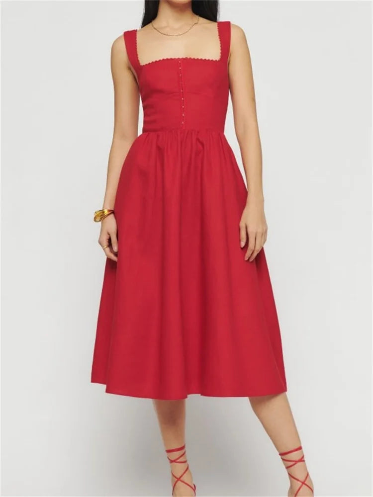 Square Neck Button-up Sling High Waist A-line Summer Midi Dress