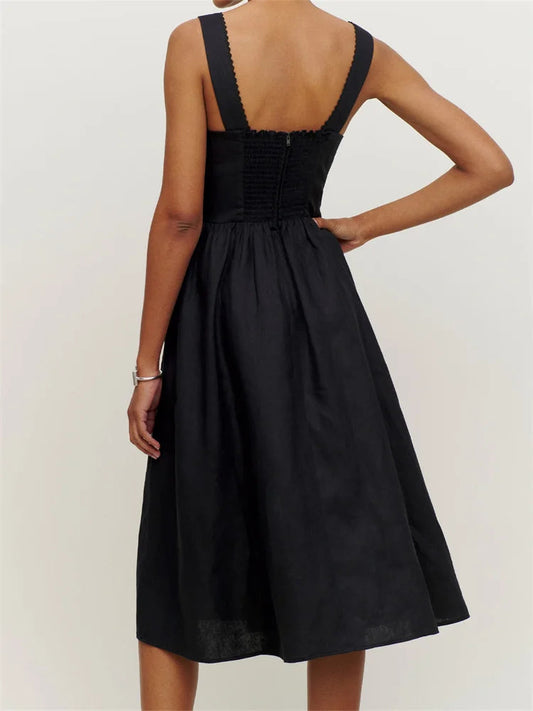 Square Neck Button-up Sling High Waist A-line Summer Midi Dress