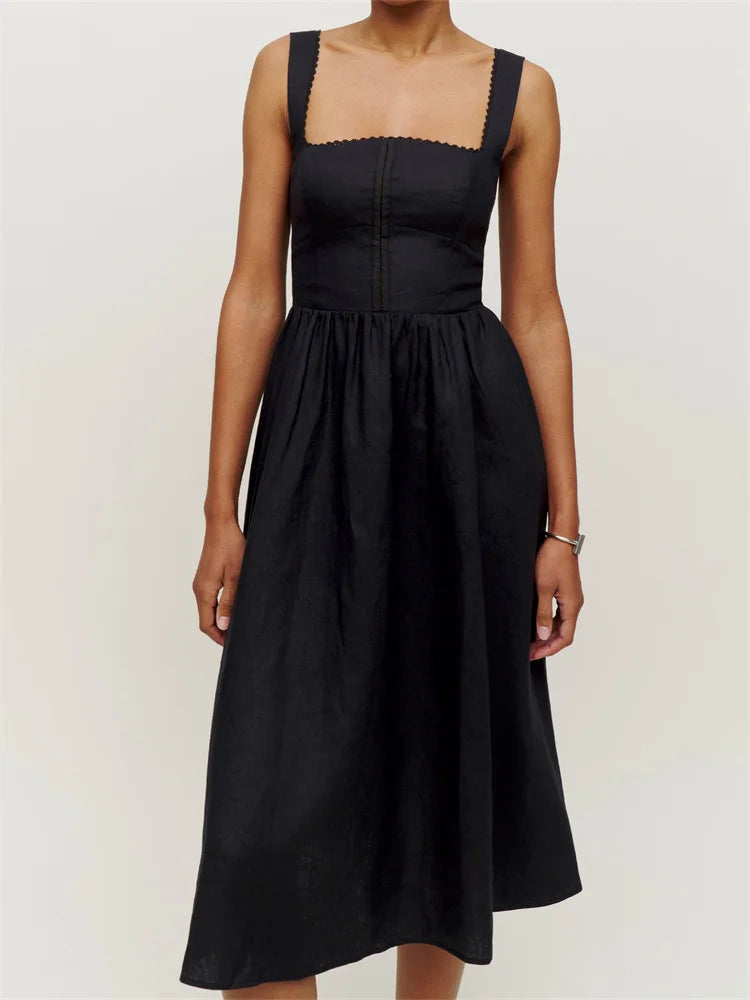 Square Neck Button-up Sling High Waist A-line Summer Midi Dress