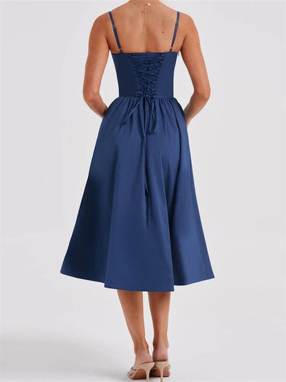 Color Sleeveless Strap Low Cut Backless Formal Midi Dress