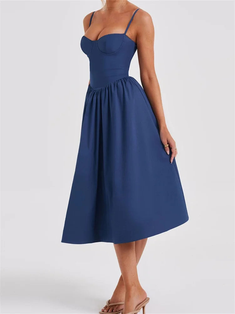Color Sleeveless Strap Low Cut Backless Formal Midi Dress