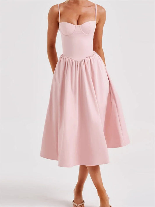 Color Sleeveless Strap Low Cut Backless Formal Midi Dress