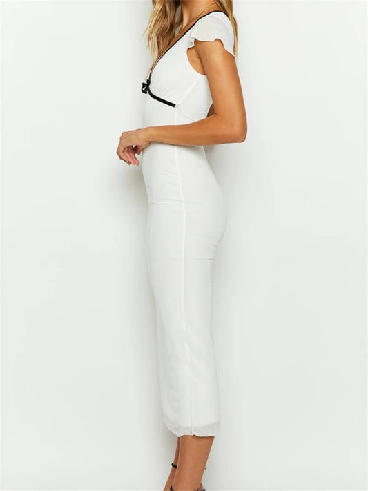 Summer Skinny White Short Sleeve Deep V Neck Contrast Midi Dress