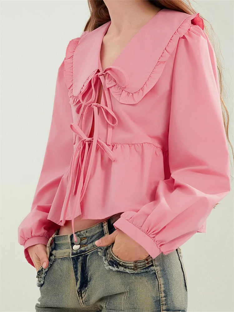 Ruffled Turn-down Neck Tie-up Blouse