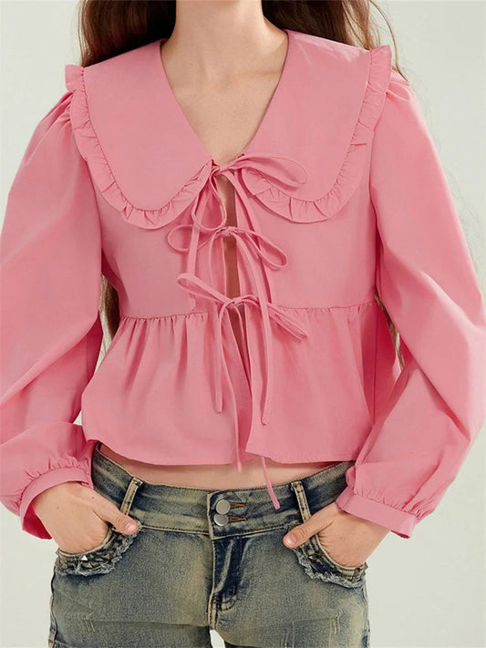 Ruffled Turn-down Neck Tie-up Blouse
