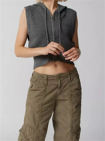 Knitted Hooded Sweater Vest Color Front Zip Up Drawstring Sleeveless Cropped Crop Top