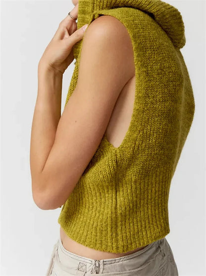 Knitted Hooded Sweater Vest Color Front Zip Up Drawstring Sleeveless Cropped Crop Top