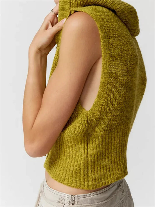 Knitted Hooded Sweater Vest Color Front Zip Up Drawstring Sleeveless Cropped Crop Top
