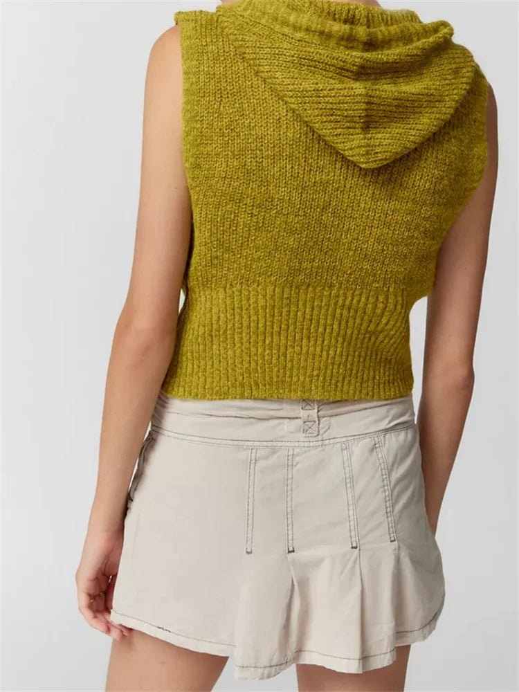 Knitted Hooded Sweater Vest Color Front Zip Up Drawstring Sleeveless Cropped Crop Top