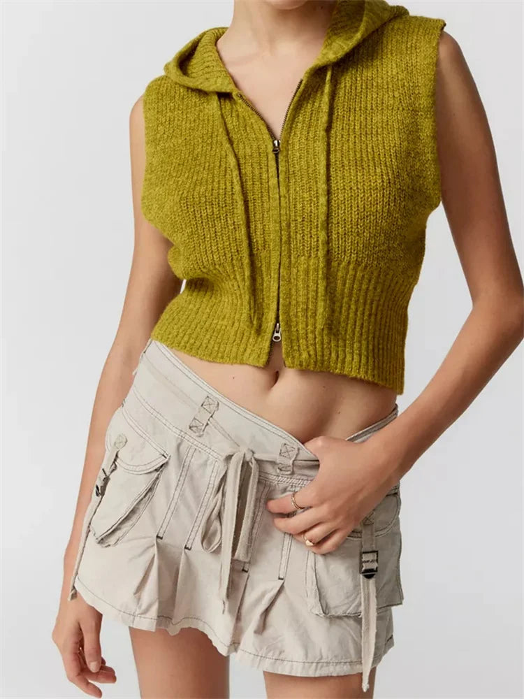 Knitted Hooded Sweater Vest Color Front Zip Up Drawstring Sleeveless Cropped Crop Top