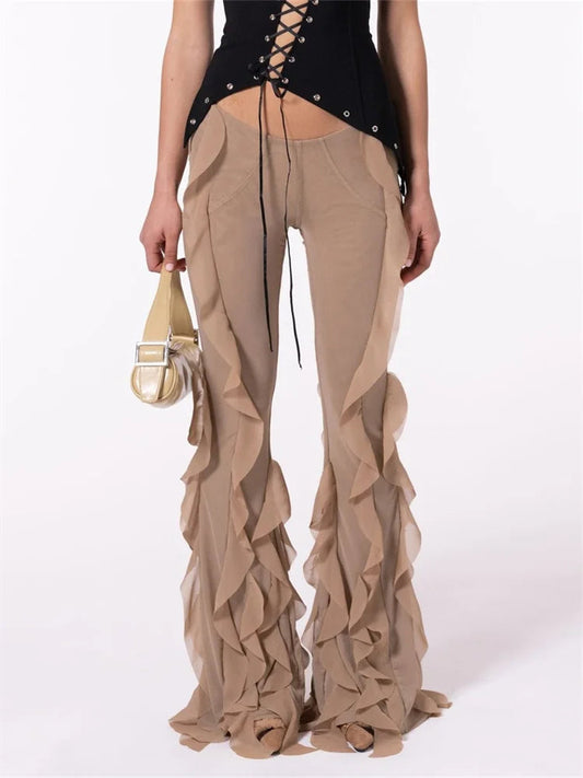 Color Ruffle Low Waist Stretch Bell Pant