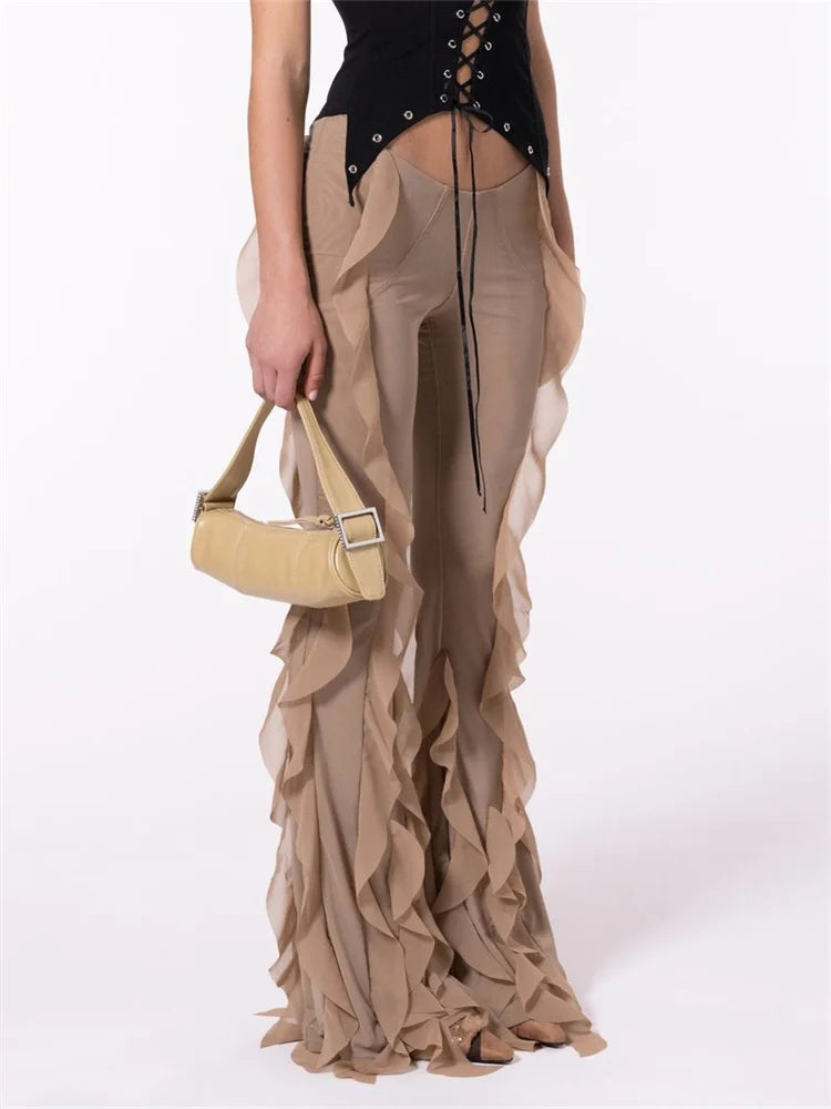 Color Ruffle Low Waist Stretch Bell Pant