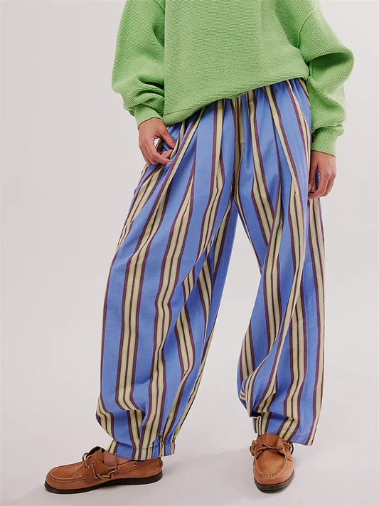 Striped Print Loose Elastic Waist Pant
