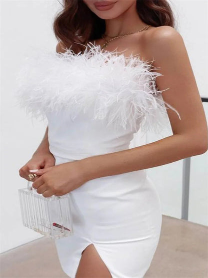Feather Fur Hem Patchwork Mini Dresses