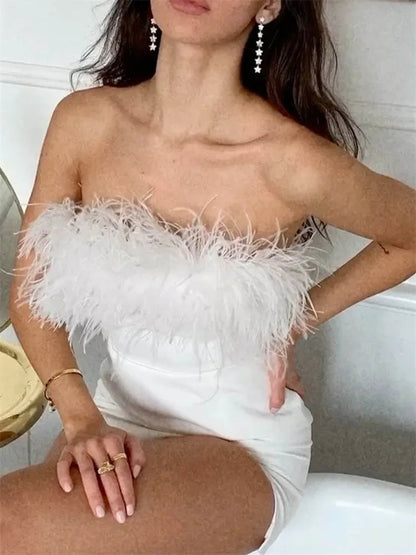 Feather Fur Hem Patchwork Mini Dresses