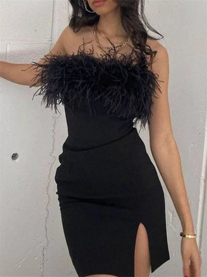 Feather Fur Hem Patchwork Mini Dresses