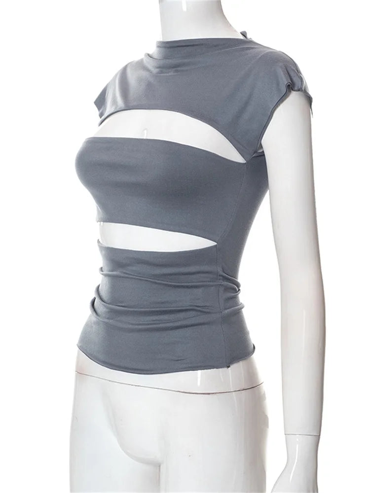 Hollow Out O Neck Slim Fit Basic Y2k T-shirts