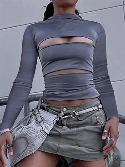 Hollow Out O Neck Slim Fit Basic Y2k T-shirts
