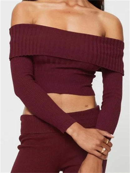 Knitted Ribbed Long Sleeve Crop Slash Neck Off Shoulder Slim Fit T-shirts