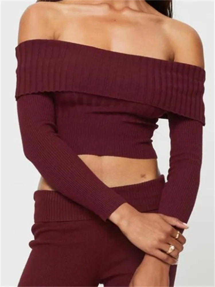 Knitted Ribbed Long Sleeve Crop Slash Neck Off Shoulder Slim Fit T-shirts