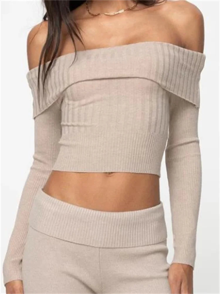 Knitted Ribbed Long Sleeve Crop Slash Neck Off Shoulder Slim Fit T-shirts
