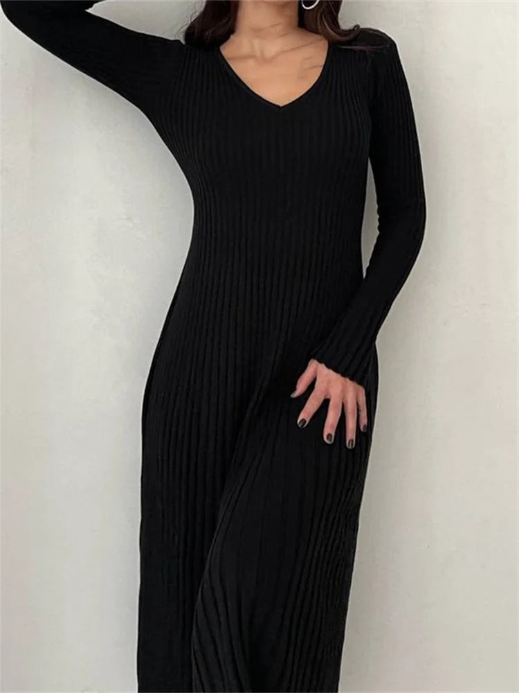 Knitted Ribbed Long Sleeve Slim Fit Autumn Mid Midi Dress