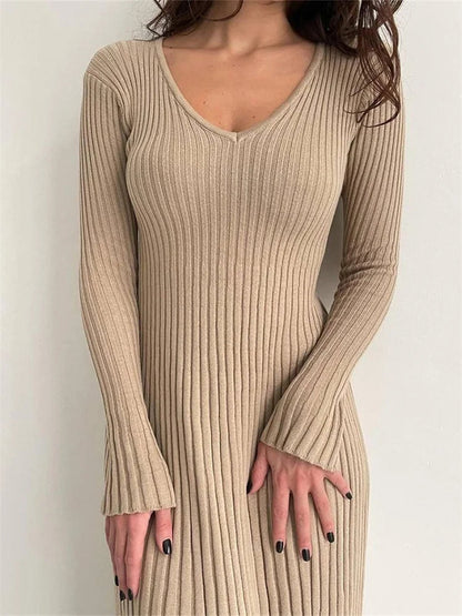 Knitted Ribbed Long Sleeve Slim Fit Autumn Mid Midi Dress