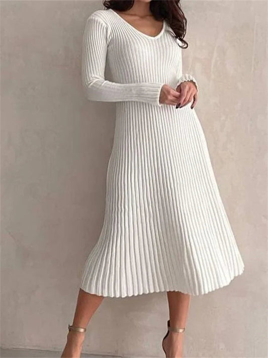 Knitted Ribbed Long Sleeve Slim Fit Autumn Mid Midi Dress