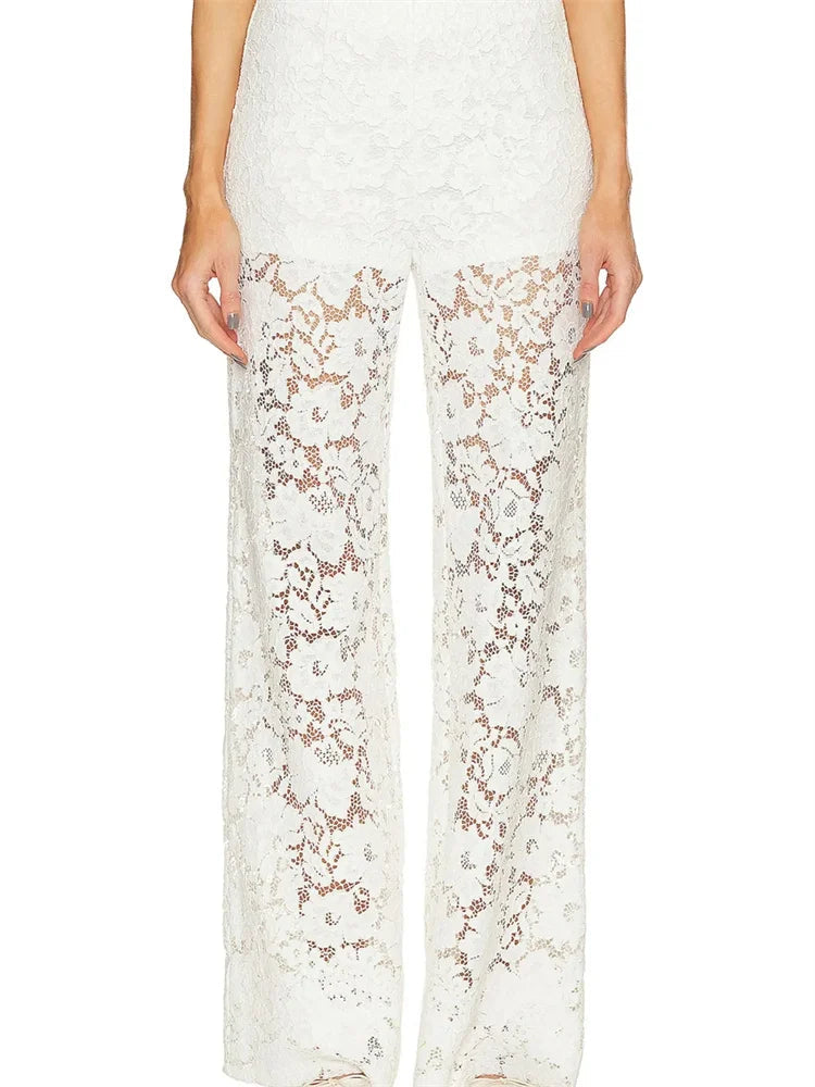 Lace Loose Wide Leg See-through Mesh Pant