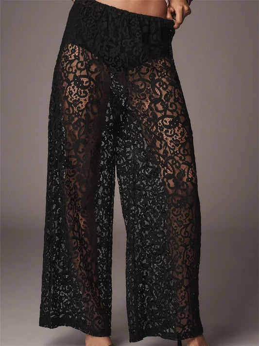 Lace Mesh See-through Black Wide Leg Pant