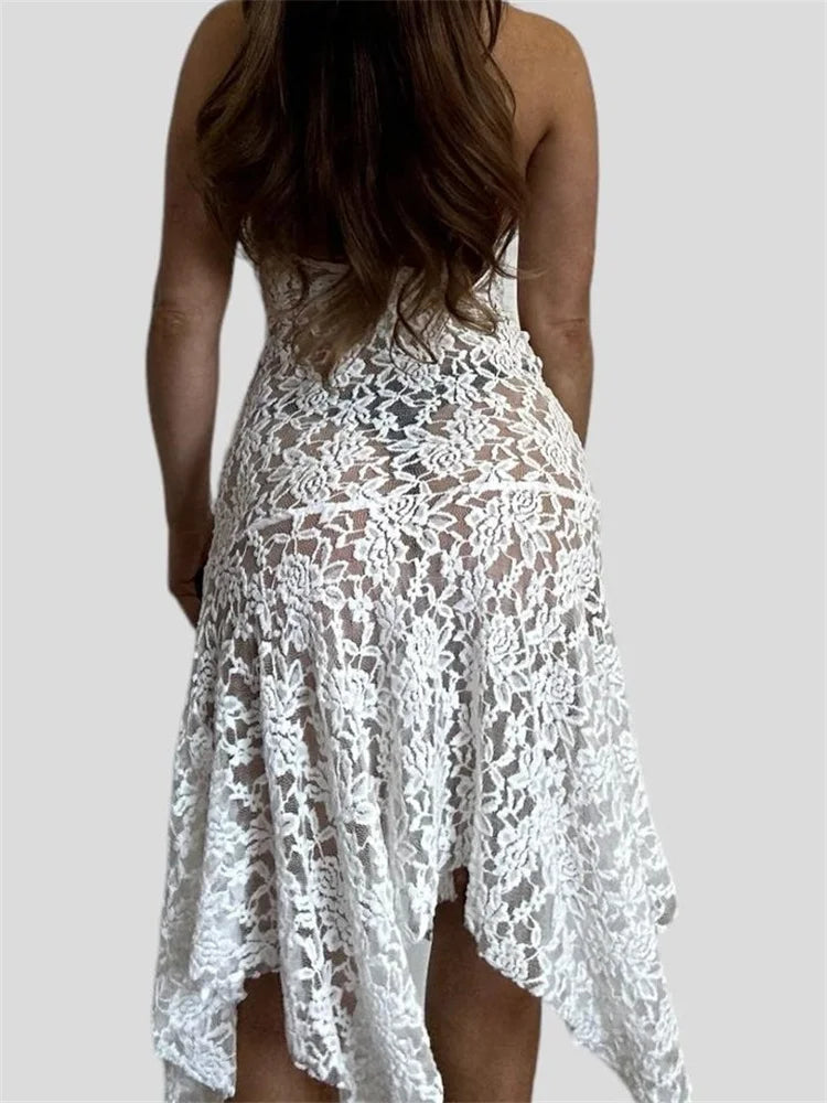 See-through Party Halter Backless Off Shoulder Irregular Hem Midi Dress