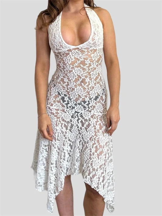 See-through Party Halter Backless Off Shoulder Irregular Hem Midi Dress