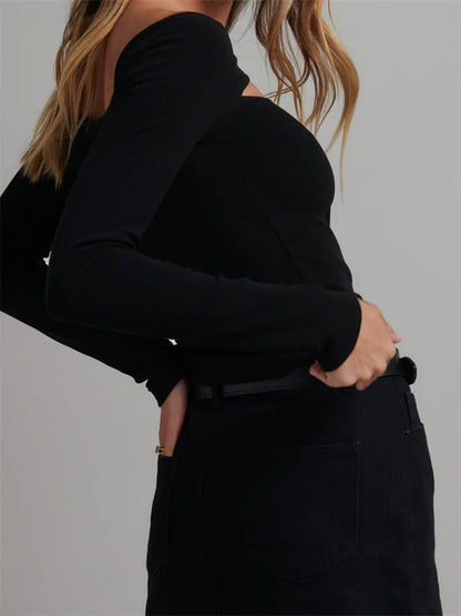Long Sleeve Front Hollow Out Crop Spring Autumn Color Slim Fit T-shirts