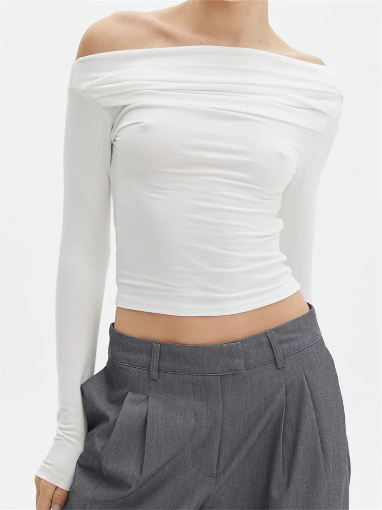 Long Sleeve Off Shoulder Ruched Slim Fit Spring Autumn Female T-shirts