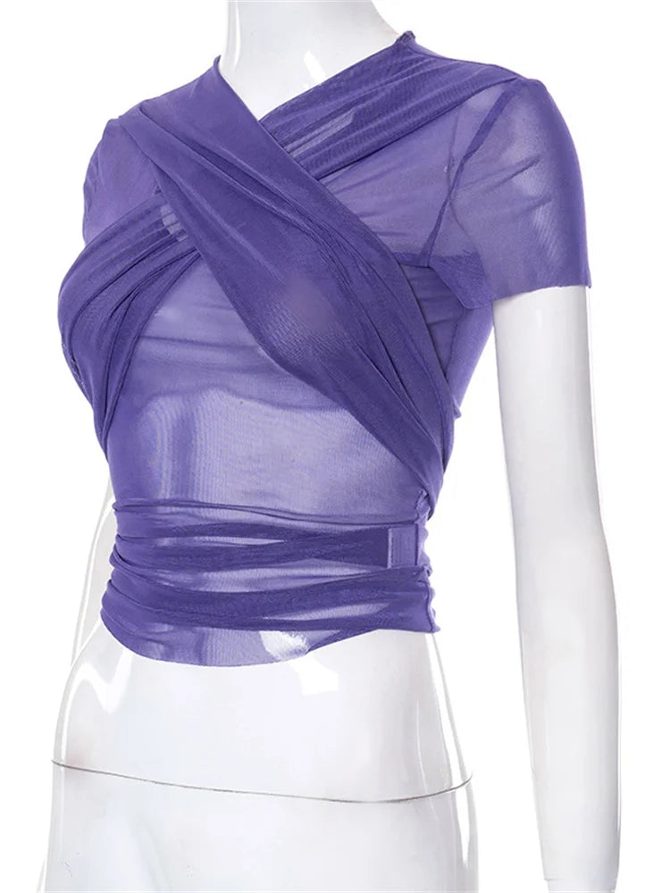 Mesh Sheer See Through Summer Y2k Criss-cross Lace-up T-shirts
