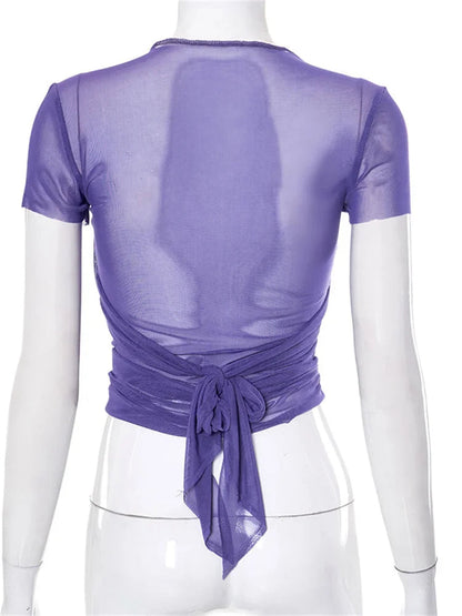 Mesh Sheer See Through Summer Y2k Criss-cross Lace-up T-shirts