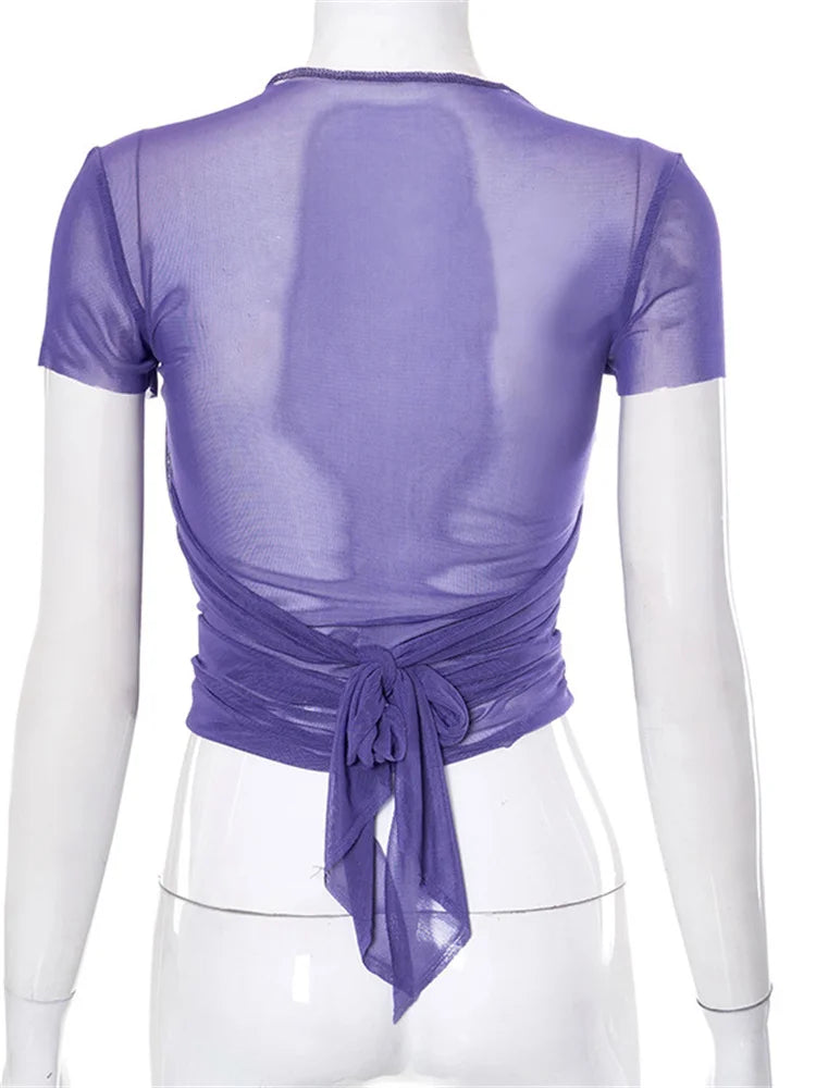 Mesh Sheer See Through Summer Y2k Criss-cross Lace-up T-shirts