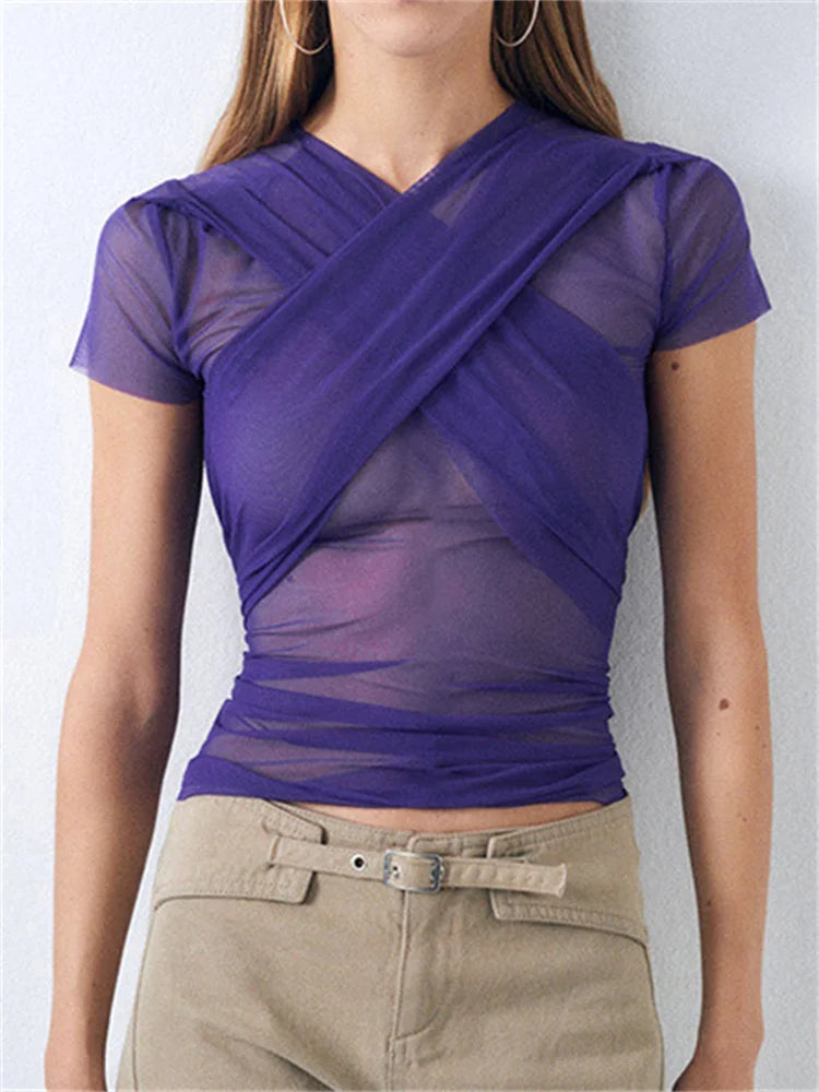 Mesh Sheer See Through Summer Y2k Criss-cross Lace-up T-shirts