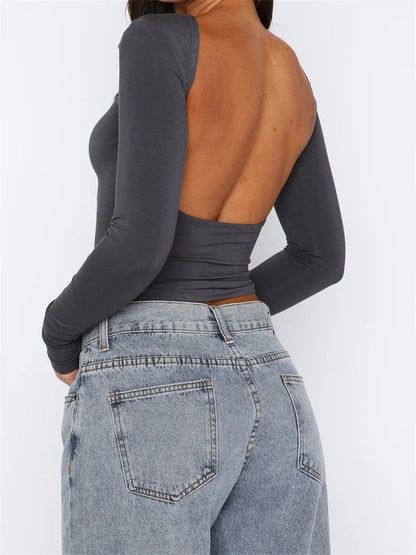 O Neck Cropped Spring Autumn Backless Basic T-shirts