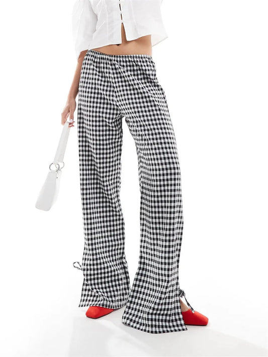 Plaid Split Tie-up Loose Wide Leg Summer Pant